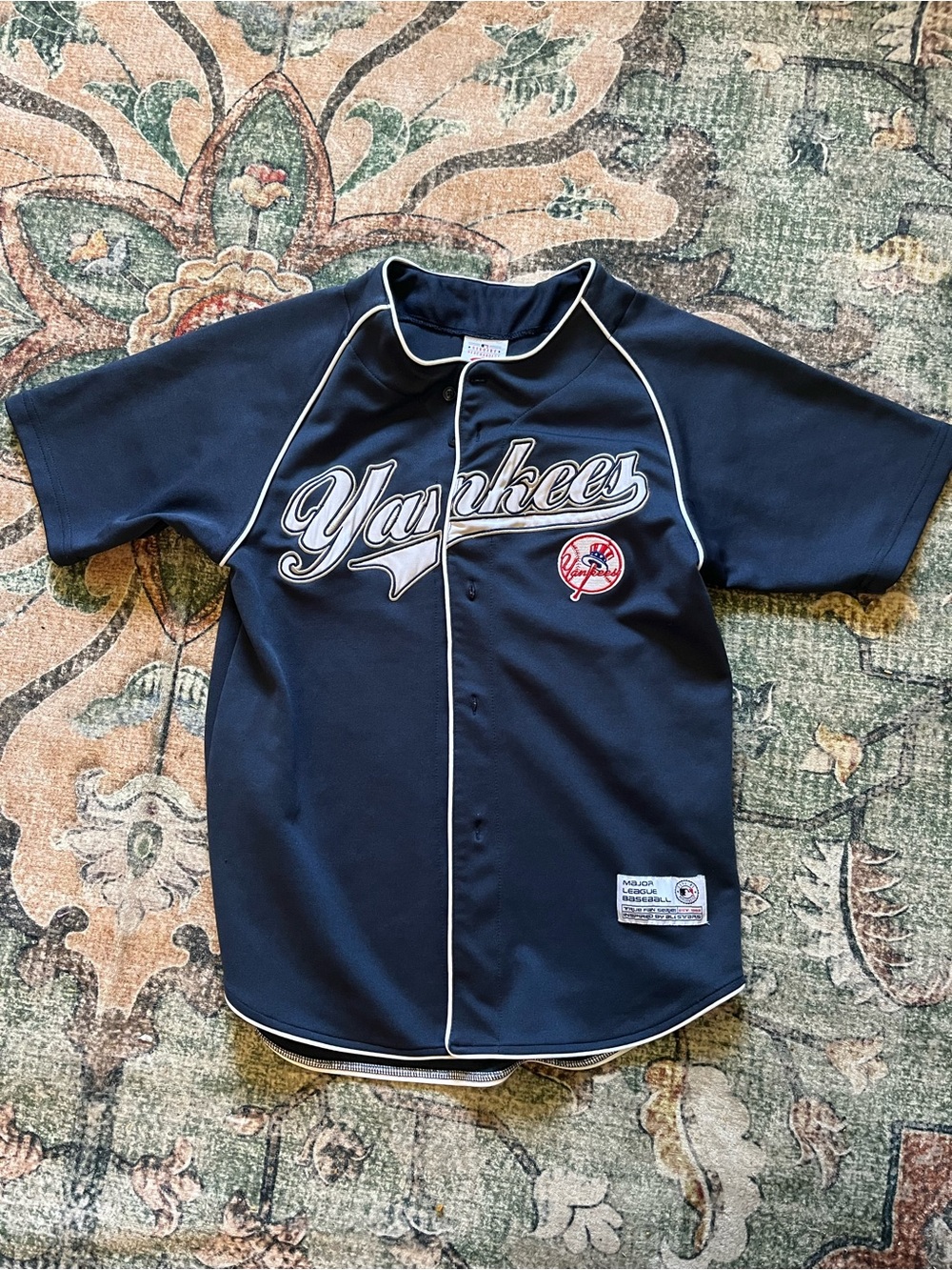 Kids Navy Yankees Baseball Jersey with Script Logo Size 12/14 Large VGC